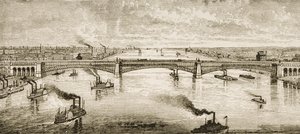 Stalen brug over de Mississippi-rivier bij St. Louis, ca. 1874, uit 